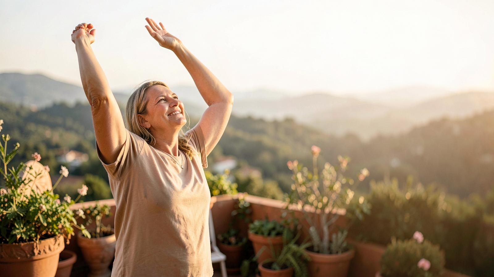 Persona estirándose al aire libre con luz de mañana